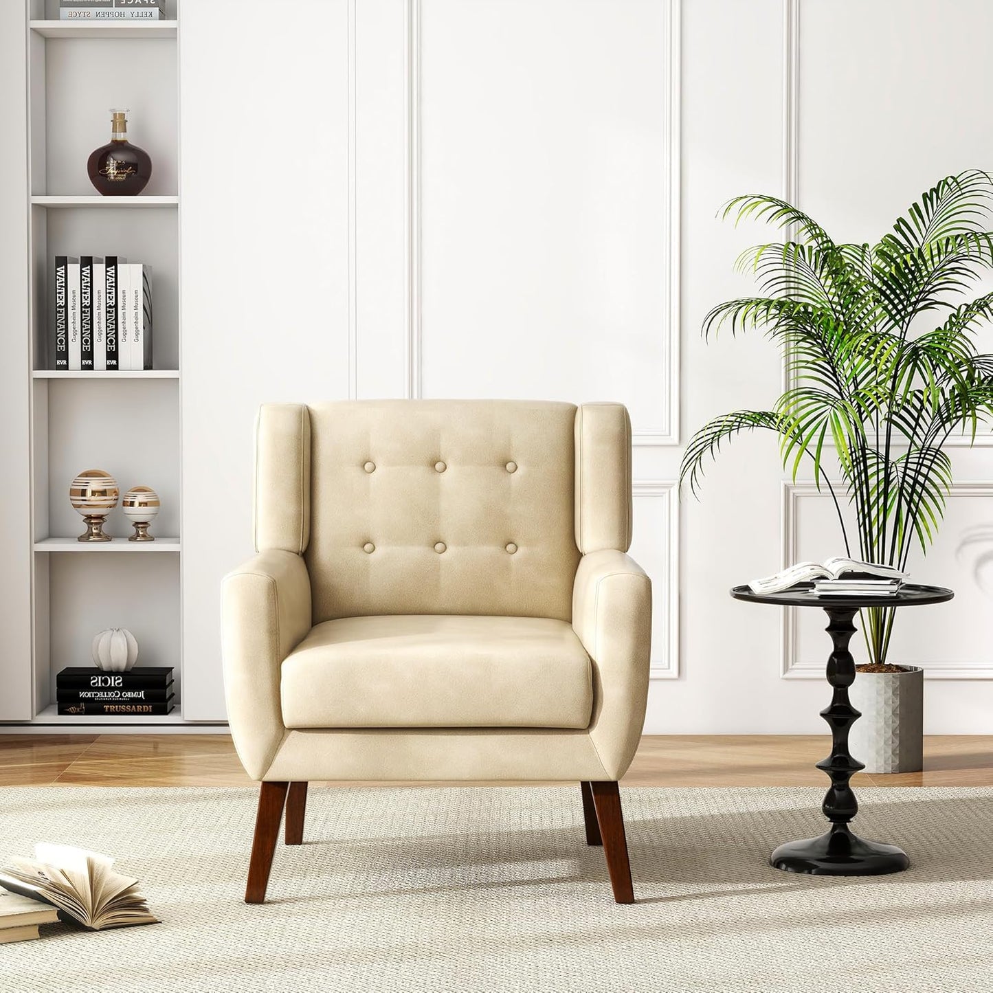 UIXE Faux Leather Accent Chair, Modern Arm Club Chair Upholstered Armchair for Living Room, Comfy Single Sofa Seats Button Tufted Reading Seating, Cream