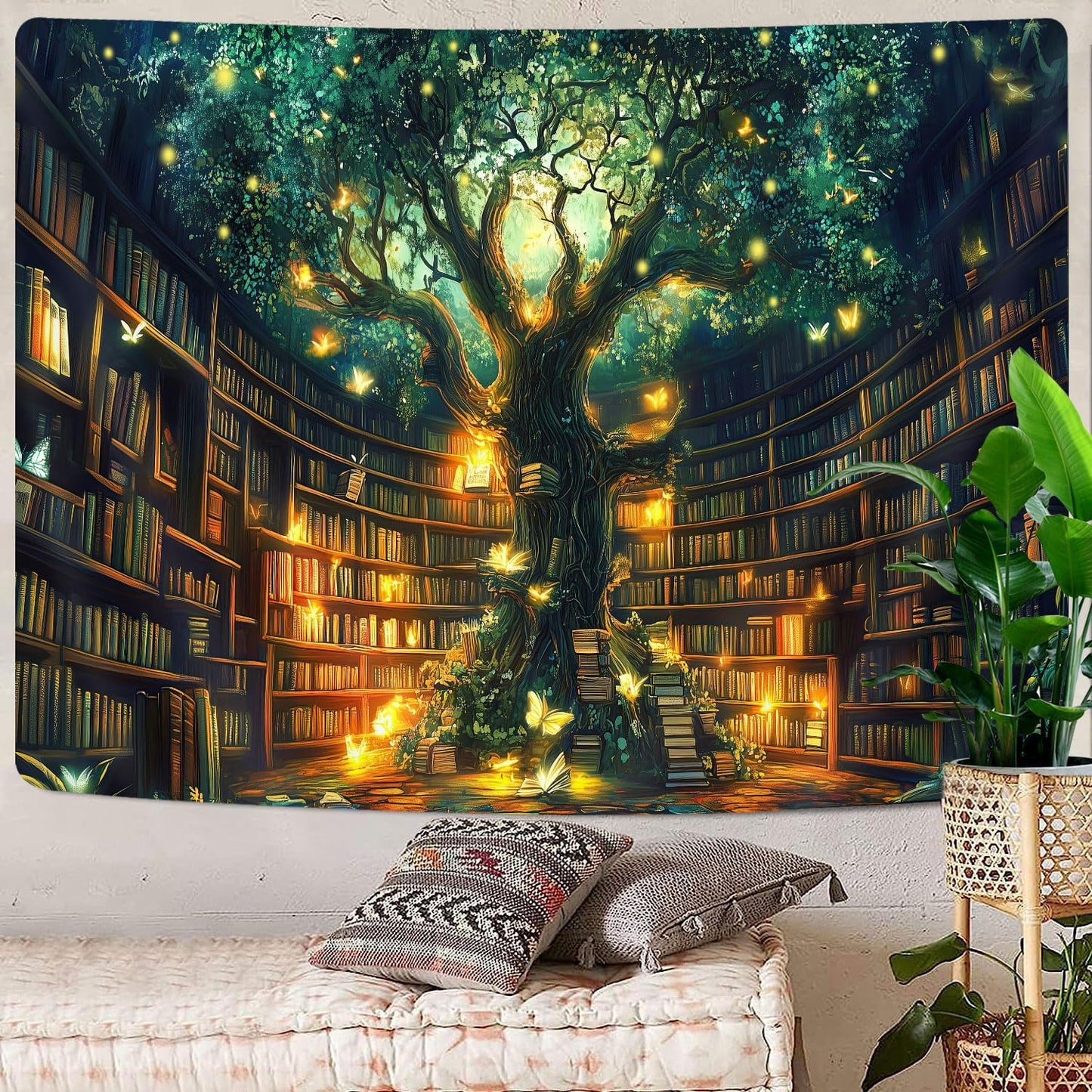 Fantasy Library Tapestry, Fairytale Tree Magic Bookshelf Aesthetic Tapestries for Classroom, Witchy Fairy Tree Mysterious Vintage Bookshelf Book Art Tapestry Wall Hanging College Room Bedroom, 80"X60"
