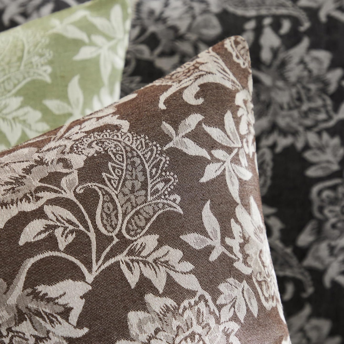 Floral Jacquard Throw Pillow Covers Set of 2, Background/Chocolate 18x18 Inch, Farmhouse Decorative Cotton Dark Brown Cushion Covers for Sofa Bed Living Room Home Decor