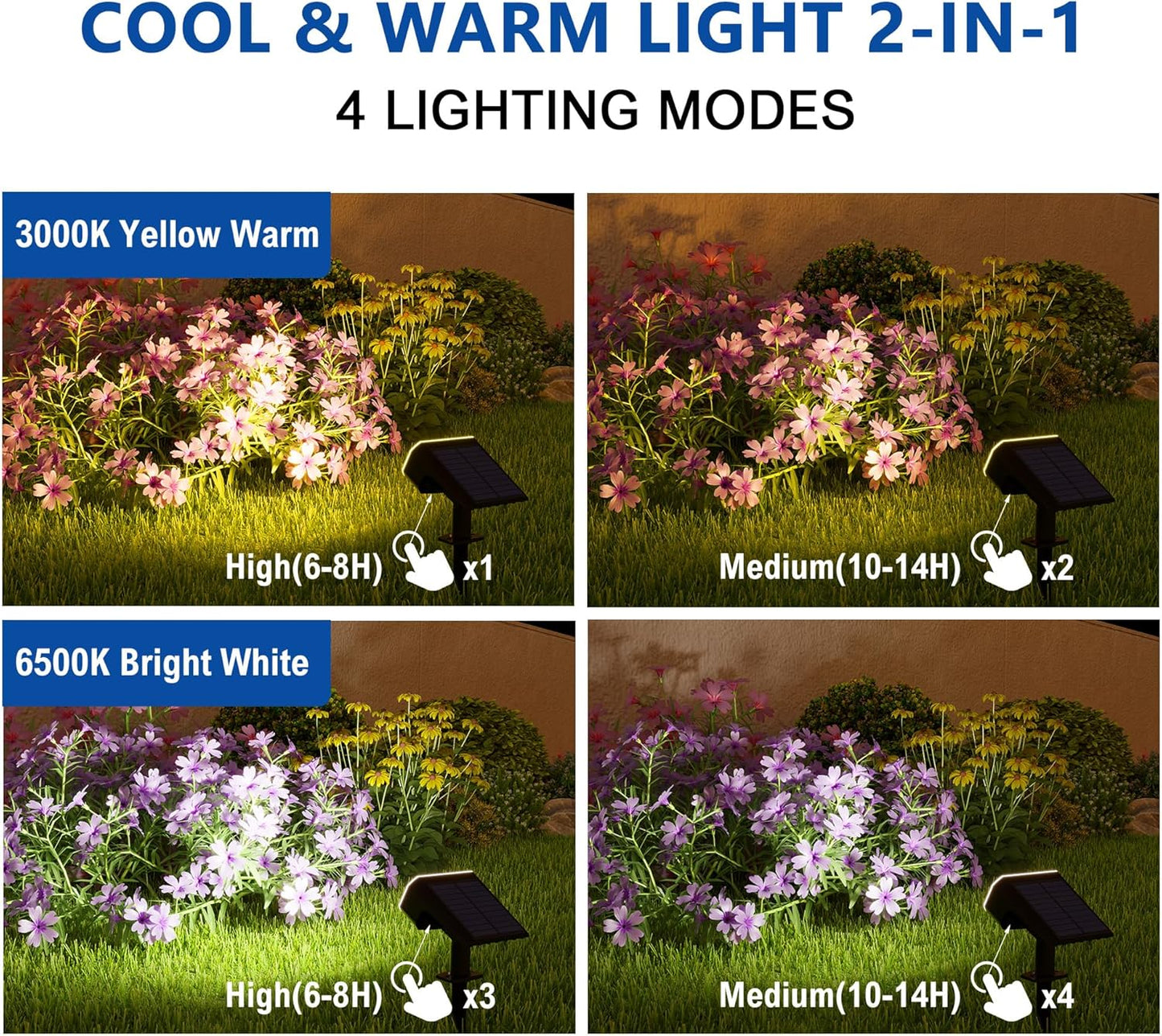 Solar Lights Outdoor Waterproof IP65, Super Bright LED, 2CCT 4 Lighting Modes 3000K/6500K Selectable, Solar Powered Yard Garden Solar Spot Lights for Outside Landscape Auto On/Off -8 Pack