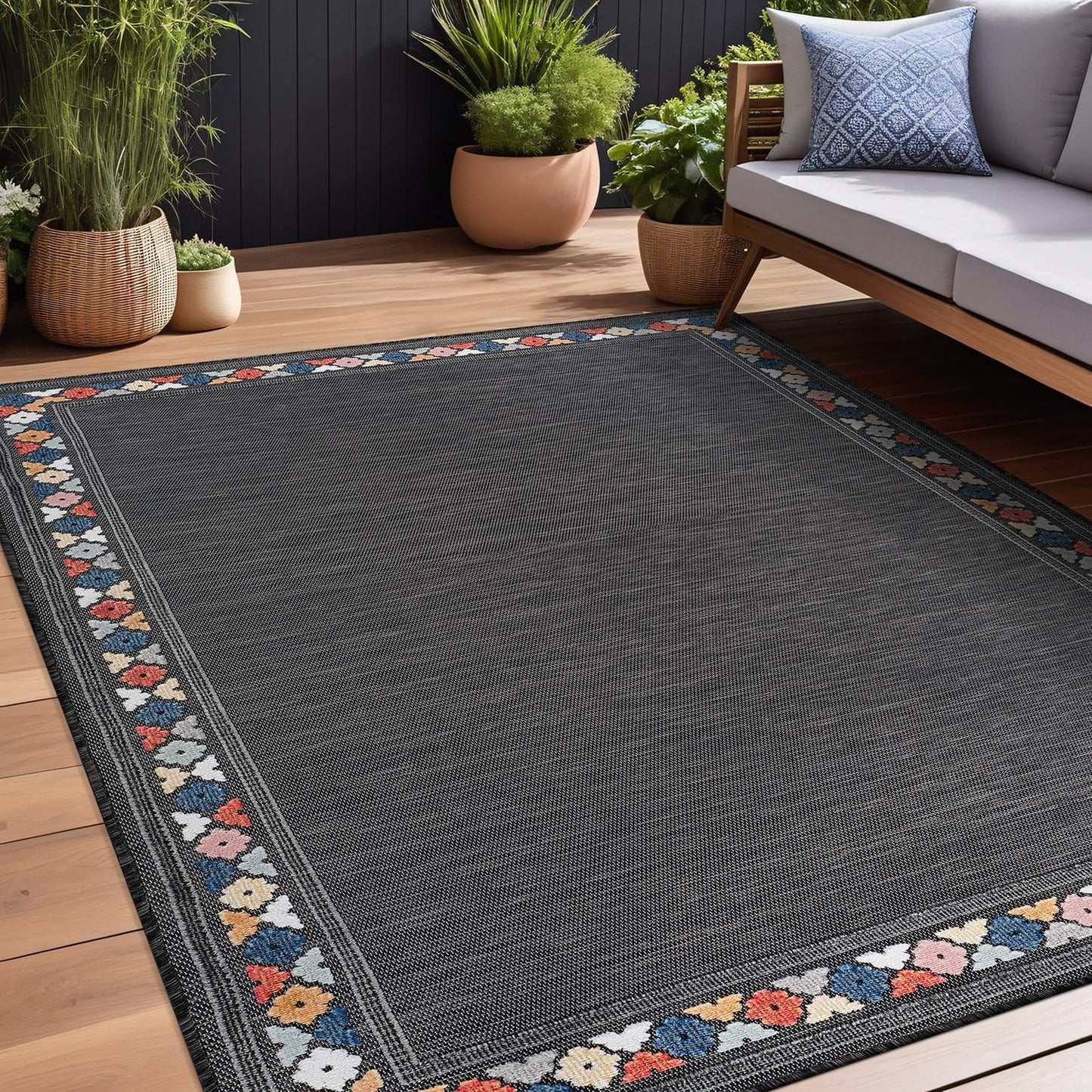 Beverly Rug Outdoor Rug 4x6 Modern Bordered Area Rugs for Indoor and Outdoor Patio Easy to Clean Non Shedding Living Room Porch Garden Washable Outside Carpet (4 x 6 Dark Gray)