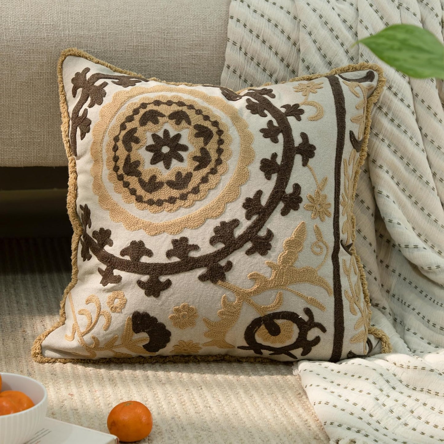 Embroidered Floral Mandala Vintage Indian Cotton Decorative Embroidery Throw Pillow Covers, Fringes Lace Cushion Cover, Pillow Case for Sofa Couch Bed Chair 18" x 18"