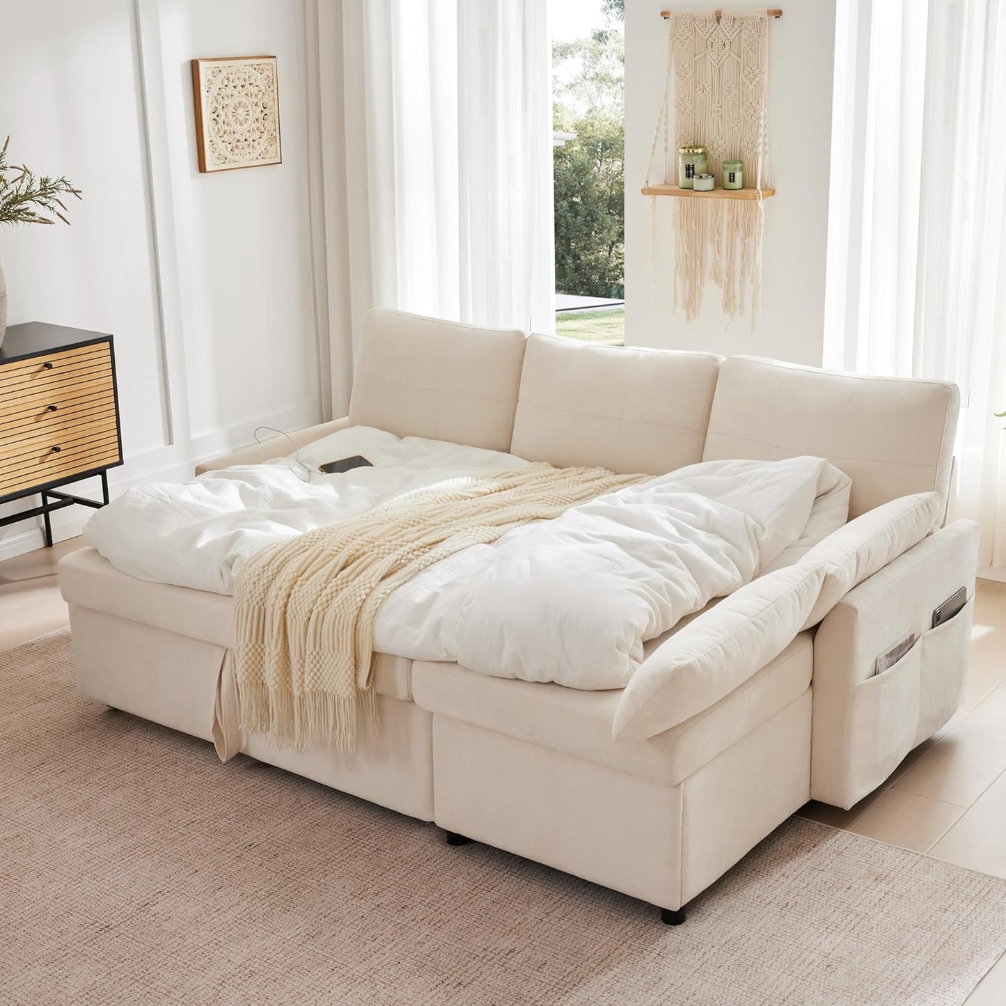 Waxberry Sectional Sofa Couch, Pull Out Couch Sleeper Sofa Bed with Storage for Living Room, Reversible Chaise, Side Pockets & Dual USB/Type-C Ports, Beige