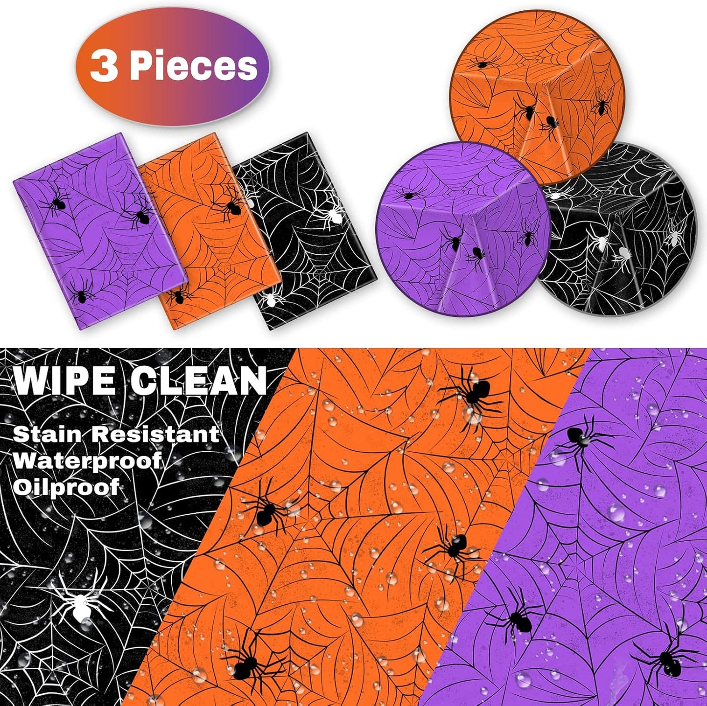TREWAVE 3 Pack Halloween Spiderweb Tablecloth Rectangular Plastic Spider Web Table Cloth Large Size Table Covers for Home Decor Halloween Party Decorations 54" x 108" (Mixed)