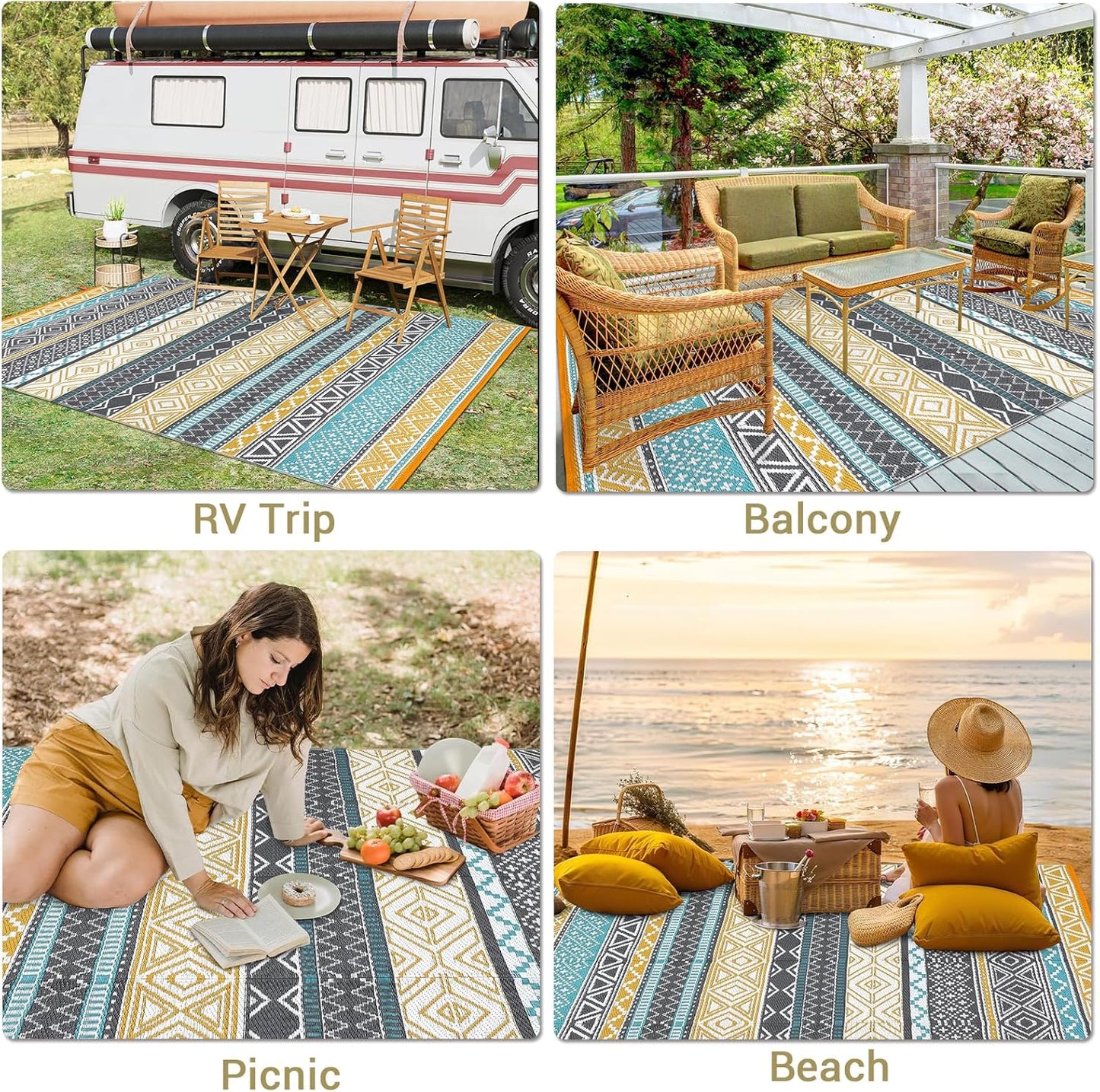 GAOMON Outdoor Rugs Patio Camping Waterproof Rug 6'x9' Plastic Straw Patio Rug Portable for Campers, Outside RVs Mat for Patios Clearance, Backyard Porch, Balcony, Teal/Yellow(Bohemia)