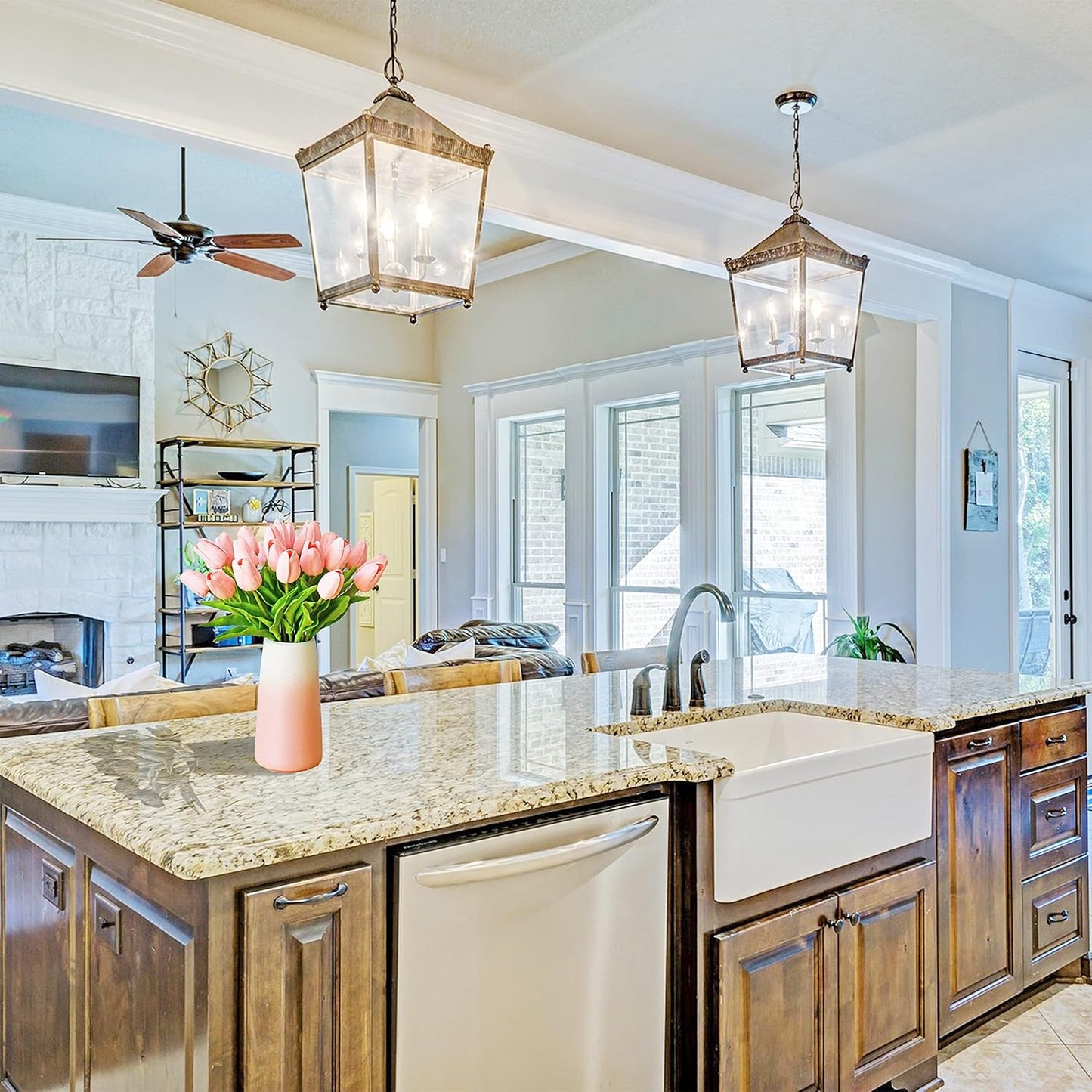 Mandy's Artificial Tulips 28 Stems Light Pink with Gradient Pink Vase PU Faux Flowers for Wedding Home Decor 13.5 Inch