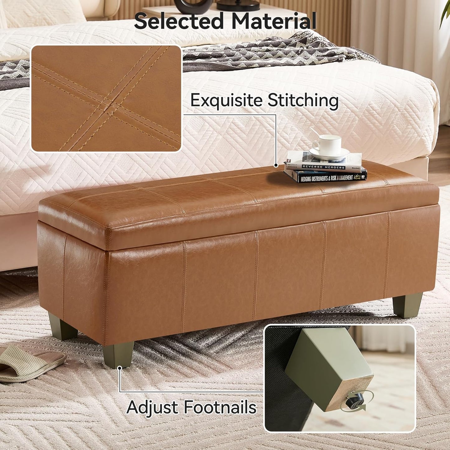 41" Faux Leather Storage Ottoman, Stitch Tufted Rectangle Upholstered End of Bed Storage Bench, Entryway Large Couch Ottoman with Wooden Legs, Light Brown