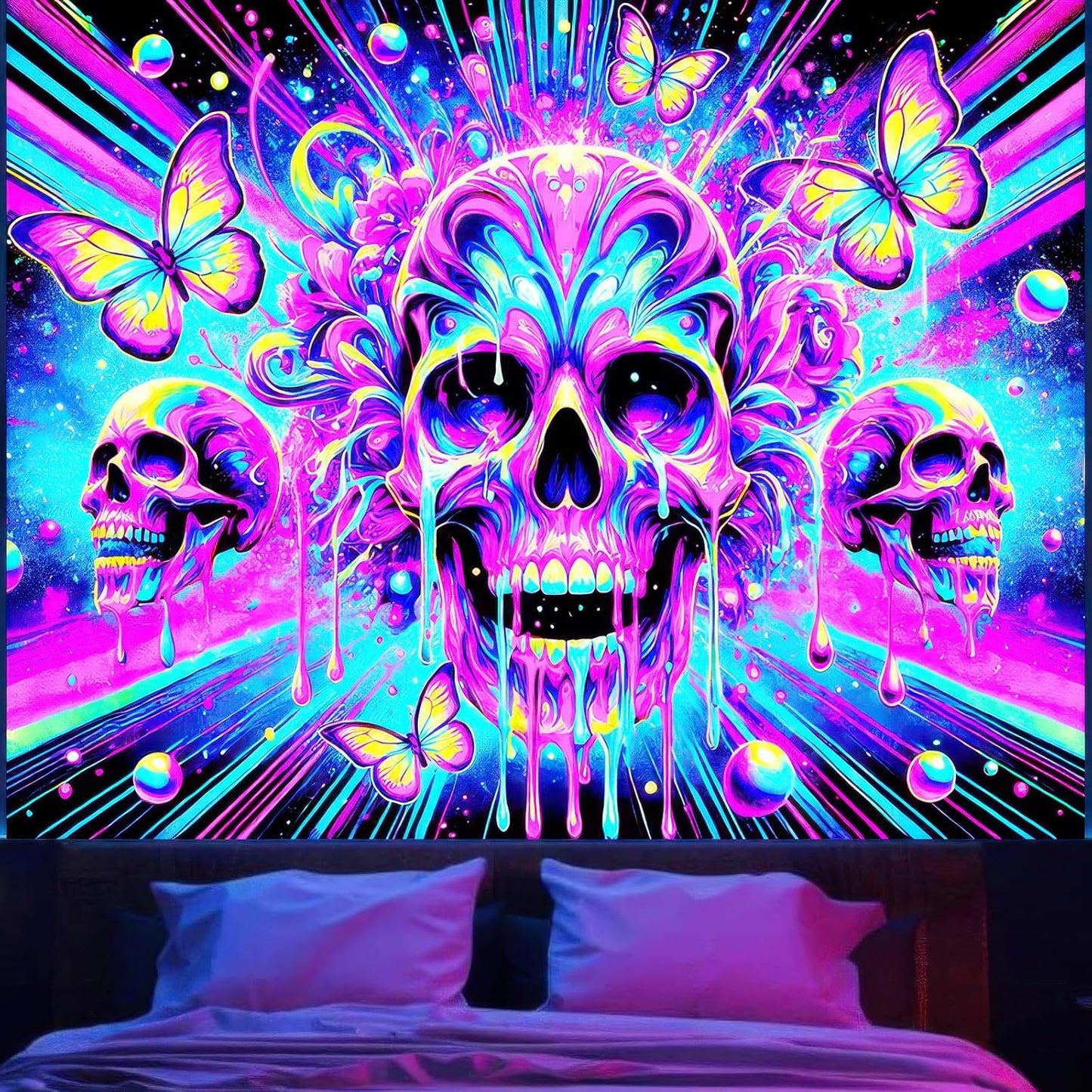 BlissYard Blacklight Skull Butterfly Tapestry 78x59 Inch UV Reactive Wall Art for Bedroom Living Room Decor
