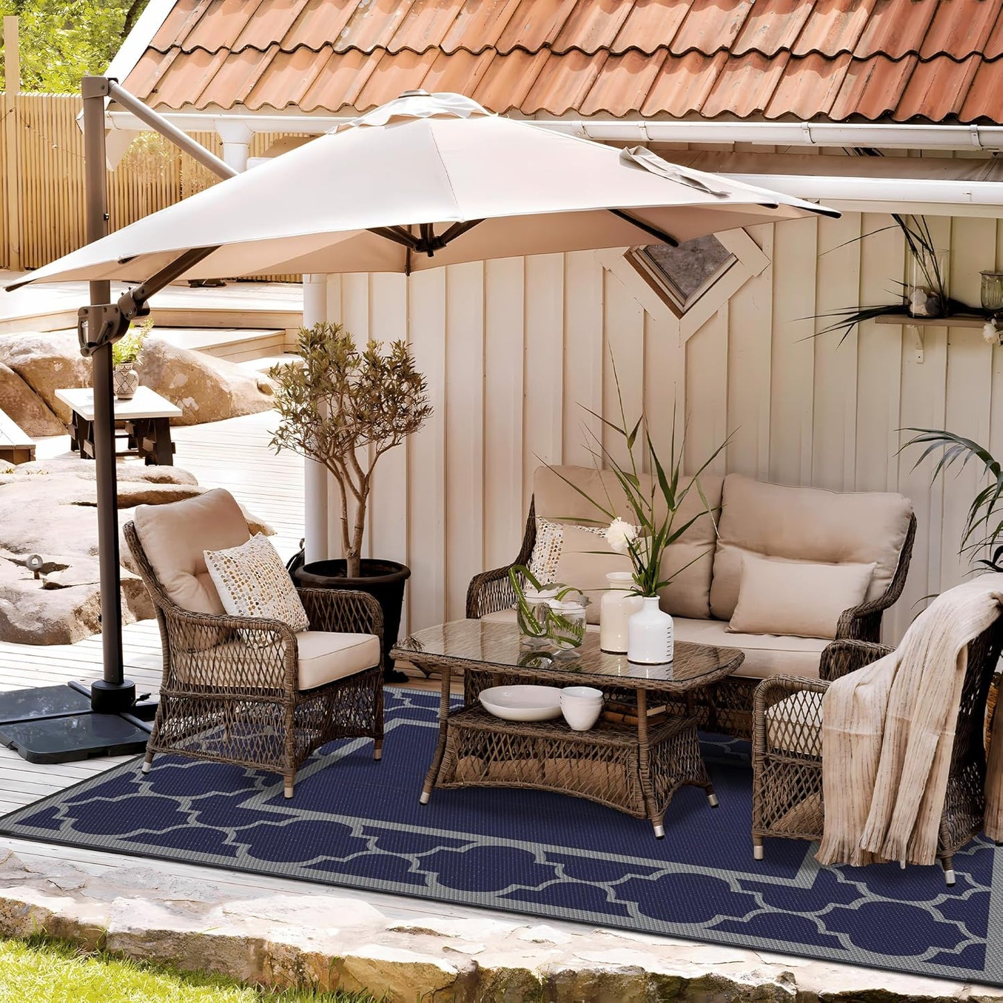 GENIMO 6' x 9' Outdoor Rug Waterproof for Patio Decor, Foldable Reversible Plastic Straw Area Rugs Mat for Camper, Outside Carpet for Rv, Deck, Porch, Picnic, Beach, Balcony, Blue & Grey