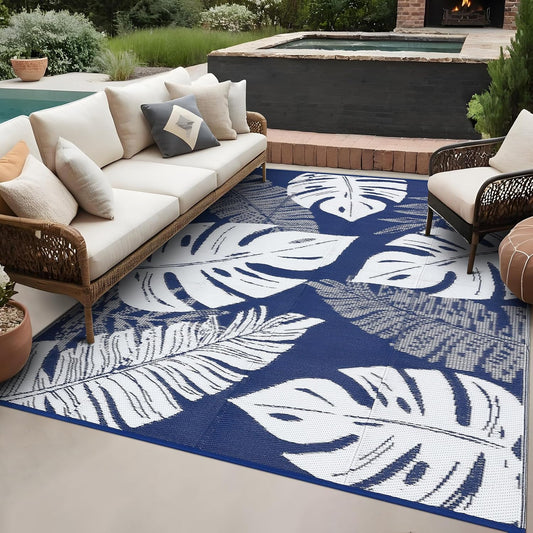 GAOMON Patio Rugs Outdoor 8x10 Waterproof Reversible Plastic Straw Rug Modern Patio Carpet, Foldable Lightweight RV Camping Mat with Portable Bag & 4 Stakes, UV Resistant & Sturdy for Picnic, Blue