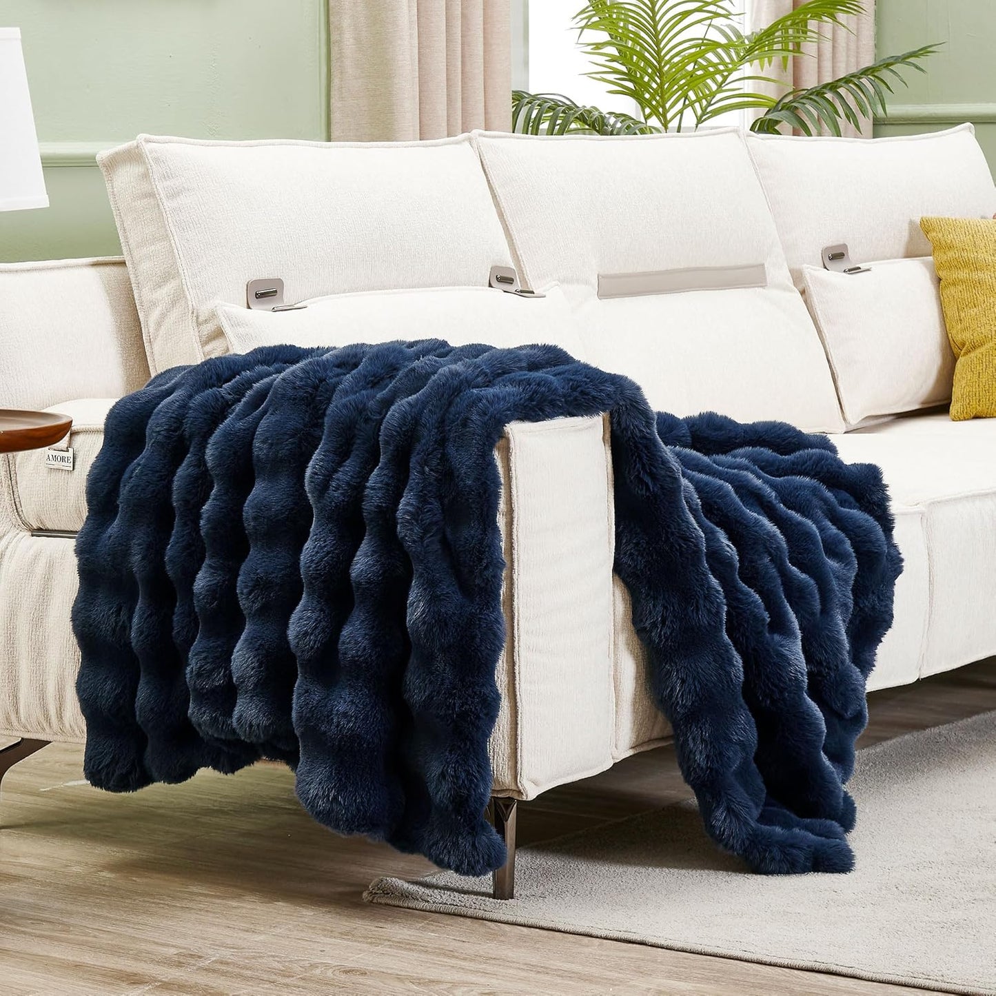 DREAMNINE Super Soft Thick Bubble Faux Rabbit Fur Throw Blanket for Couch 50" x 60", Reversible Plush Warm Winter Fluffy Blankets, Decorative Cute Cozy Bubble Furry Blanket for Bedroom Sofa, Navy Blue