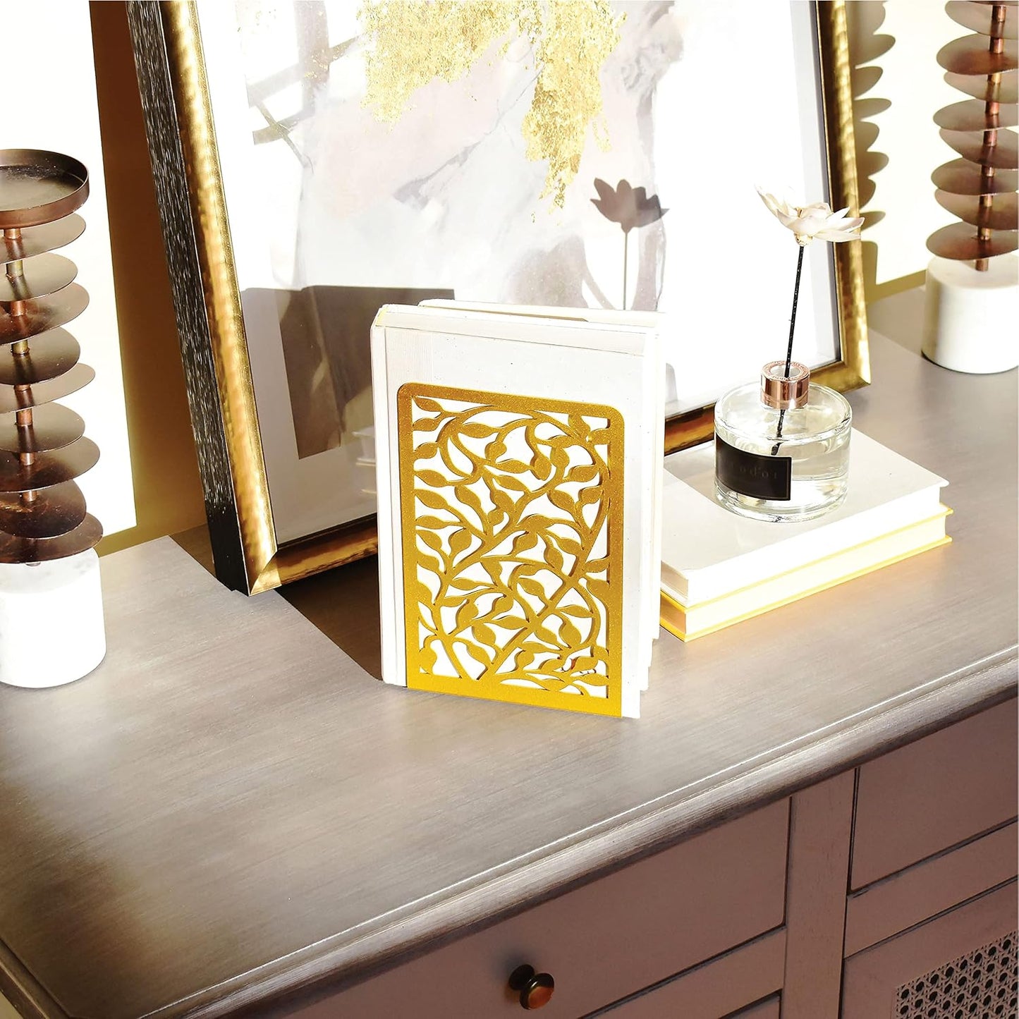 CNK Book Ends Bookends for Decorative Books Holder Bookend Shelves End Hold Heavy Duty Holders Stoppers Metal Stopper Cute Boho Bookshelf Holds Cookbook Office Home Set of 4 Bookends Pair Gold