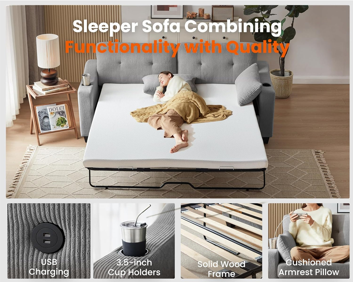 CHIC HOUSE Pull Out Sofa Bed, Full Size Sleeper Sofa, 2-in-1 Convertible Corduroy Couch with USB Charging, Memory Form Couch for Living Room, Apartment and Small Space (Grey, Corduroy - Queen Size)