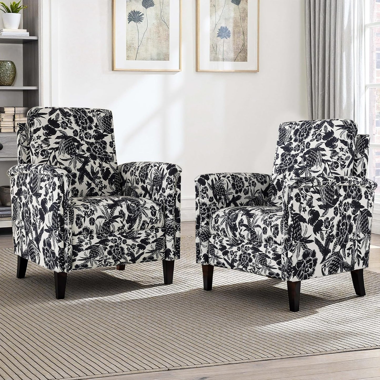Floral Accent Chair Set of 2, High Back Upholstered Armchair with Solid Wooden Legs, Padded Armrest and Removable Comfortable Cushioned Seat Single Sofa for Living Room, Bedroom, Black