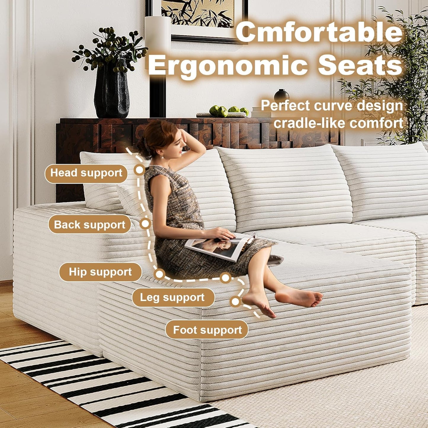 108" Sectional Couches for Living Room Modern Modular Sofa with L-Shape Couchs Upholstered Boneless Couch Deep Seat Sectional Couch with Chaise (White, Left Facing Chaise+2Seaters)