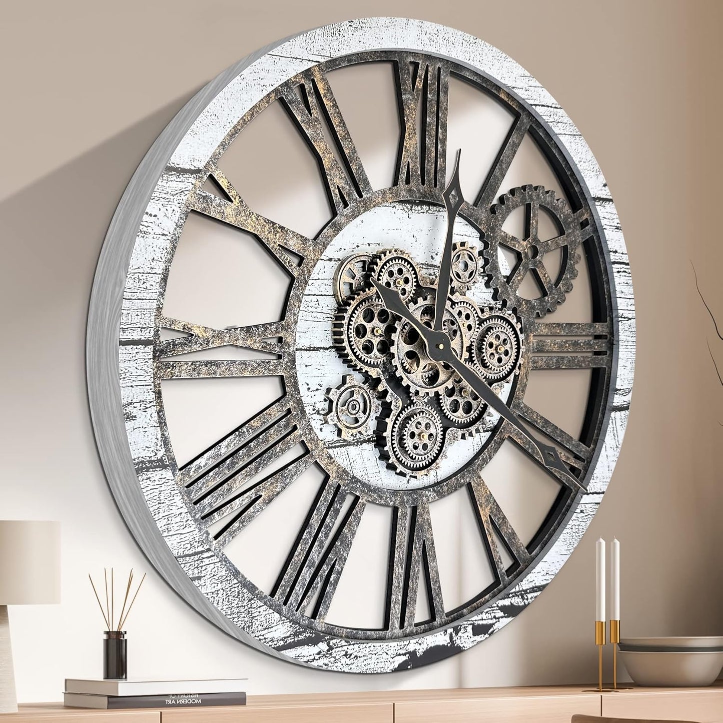 HOIBAI Large Wall Clock, Wall Clocks for Living Room Decor 36 Inch Farmhouse Vintage Rustic Kitchen Wall Decor Vintage Roman Oversized Wall Clock for Home Bedroom House, Moving Gears Clock