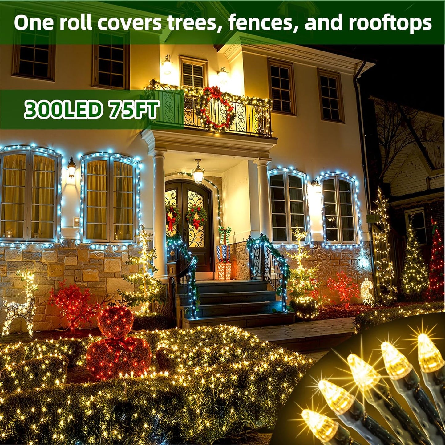 300LED Christmas Lights Outdoor Indoor Use, 12 Lighting Modes 75ft Christmas Tree Lights with Timer, Dimmable Warm White LED StringLights Waterproof for Yard Tree Wedding Party Holiday Warm White