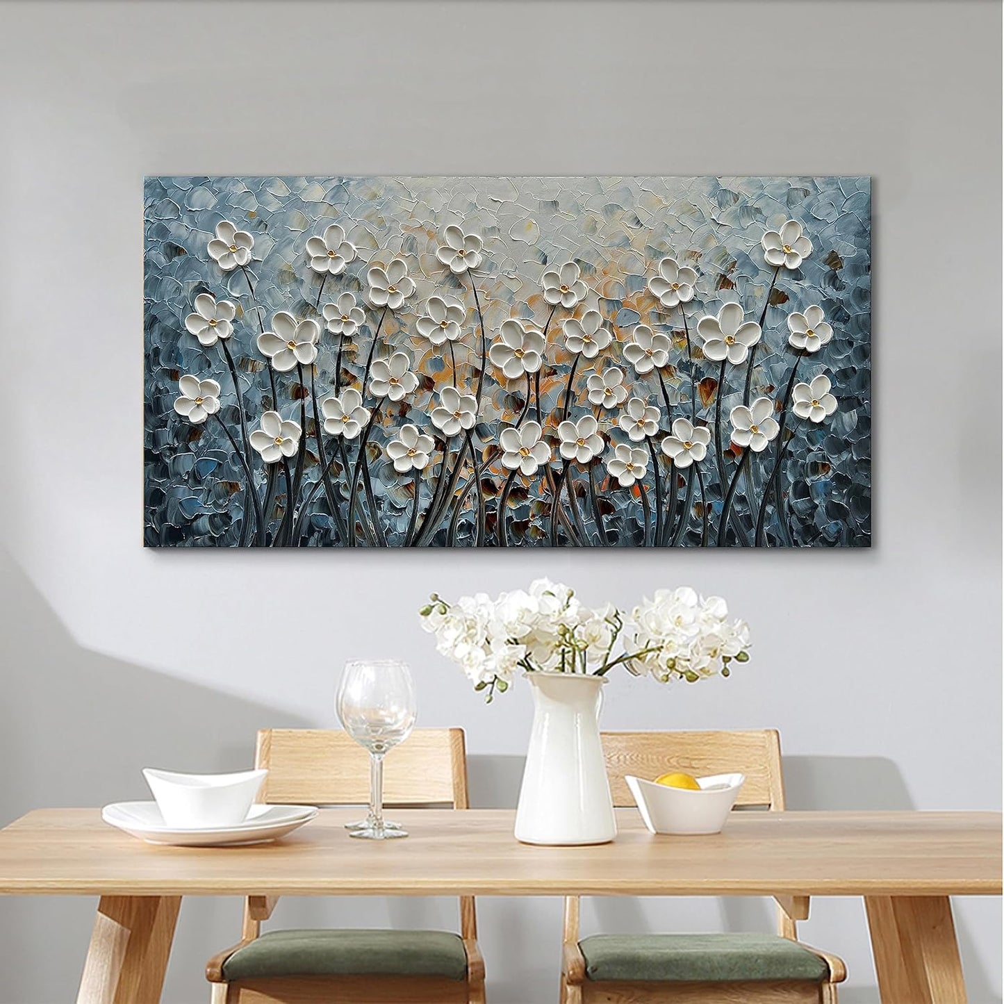 White Flower Canvas Wall Art Painting Hand-Painted Contemporary Art Works Living Room, Bedroom, Dining Room Wall Decoration 24x48 Inch