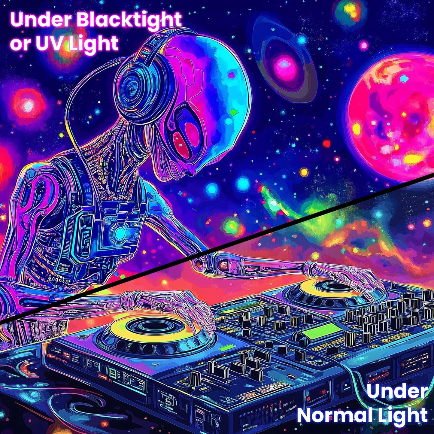 BVBOX Blacklight Space Alien Tapestry 79"x59", UV Reactive Glow in Dark DJ Alien Universe Galaxy Planet Music Tapestries, Black Light Neon Upright Poster Wall Hanging Backdrop Decor for Bedroom Living Room