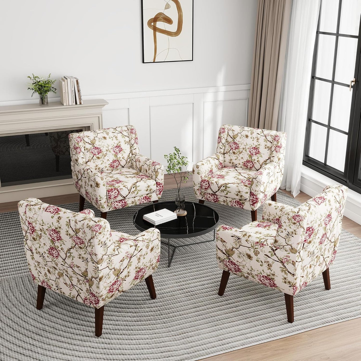 UIXE Floral Accent Chair, Modern Upholstered Armchair in Fabric for Living Room, Comfy Club Arm Chairs Single Sofa Button Tufted Bedroom Reading Seat - Pattern Floral, Set of 4