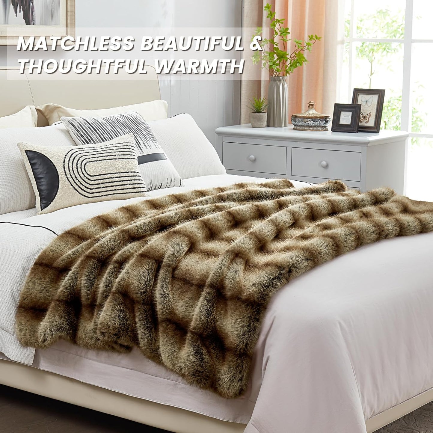 DREAMNINE Premium Luxury Fuzzy Animal Skin Faux Fur Throw Blanket 50" x 60", Double Sided Thick Shaggy Lion Fluffy Bear Lap Blankets, Soft Decorative Cozy Wolf Warm Winter Fox Furry Blanket,Gold Brown