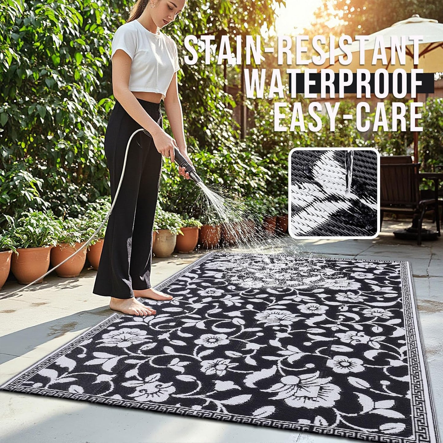 OLANLY Waterproof Outdoor Rug 5x8 ft, Outdoor Plastic Straw Rug with Flower Pattern, Reversible RV Mat for Patio, Camping, Balcony, Deck, Backyard, Black & White