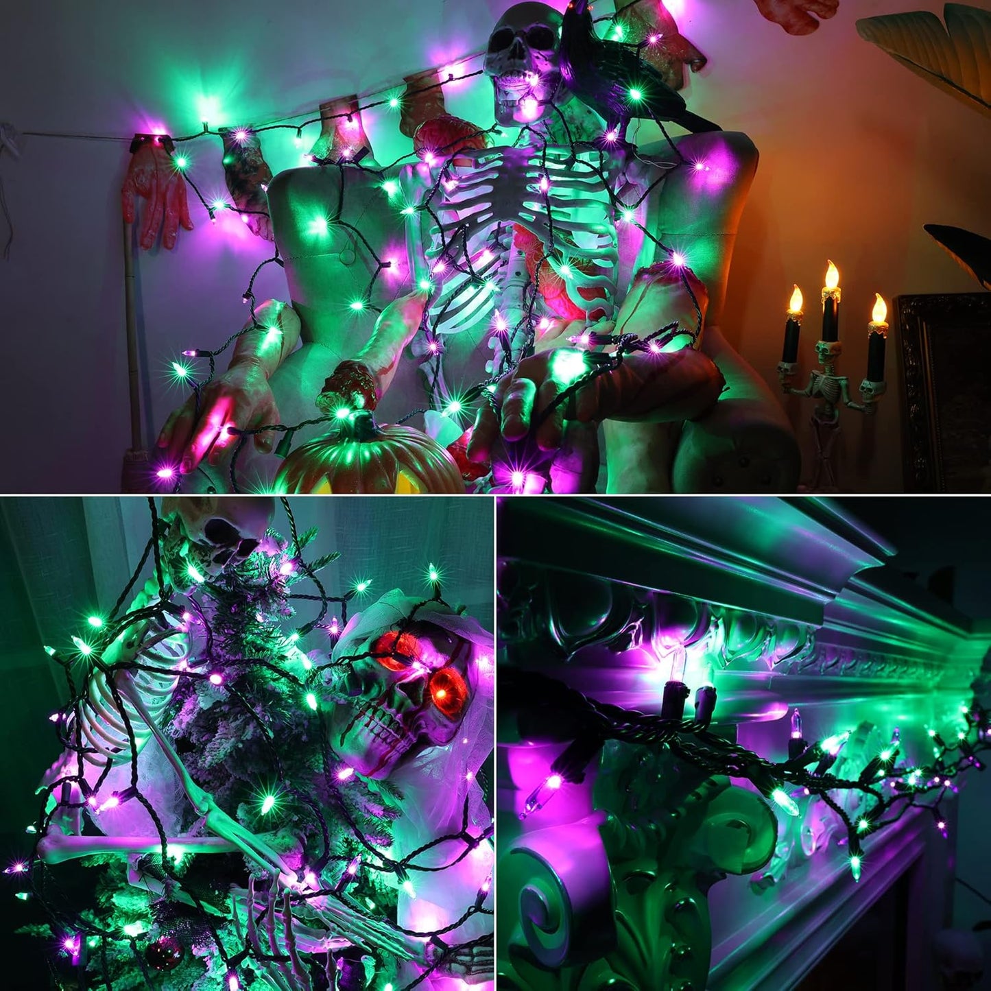 Brizled Purple & Green Halloween Lights, 33ft 100 LED Halloween String Lights, 120V UL Listed Purple Light String Connectable, Mini Green Lighting Set for Indoor Outdoor Tree Party Home Garden Decor