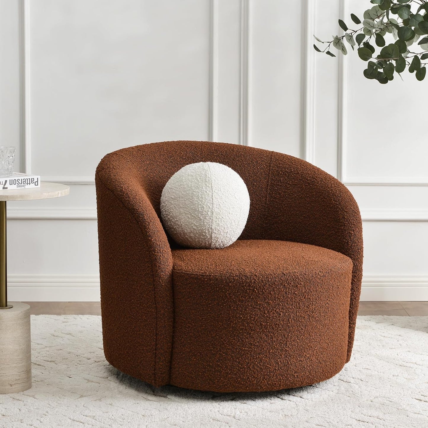 KINWELL Sherpa Swivel Barrel Chair & Round Ball Pillow Set - 34" Wide Modern Boucle Accent Chair with 9” Matching Nordic Decorative Throw Pillow for Living Room and Bedroom(Brown)