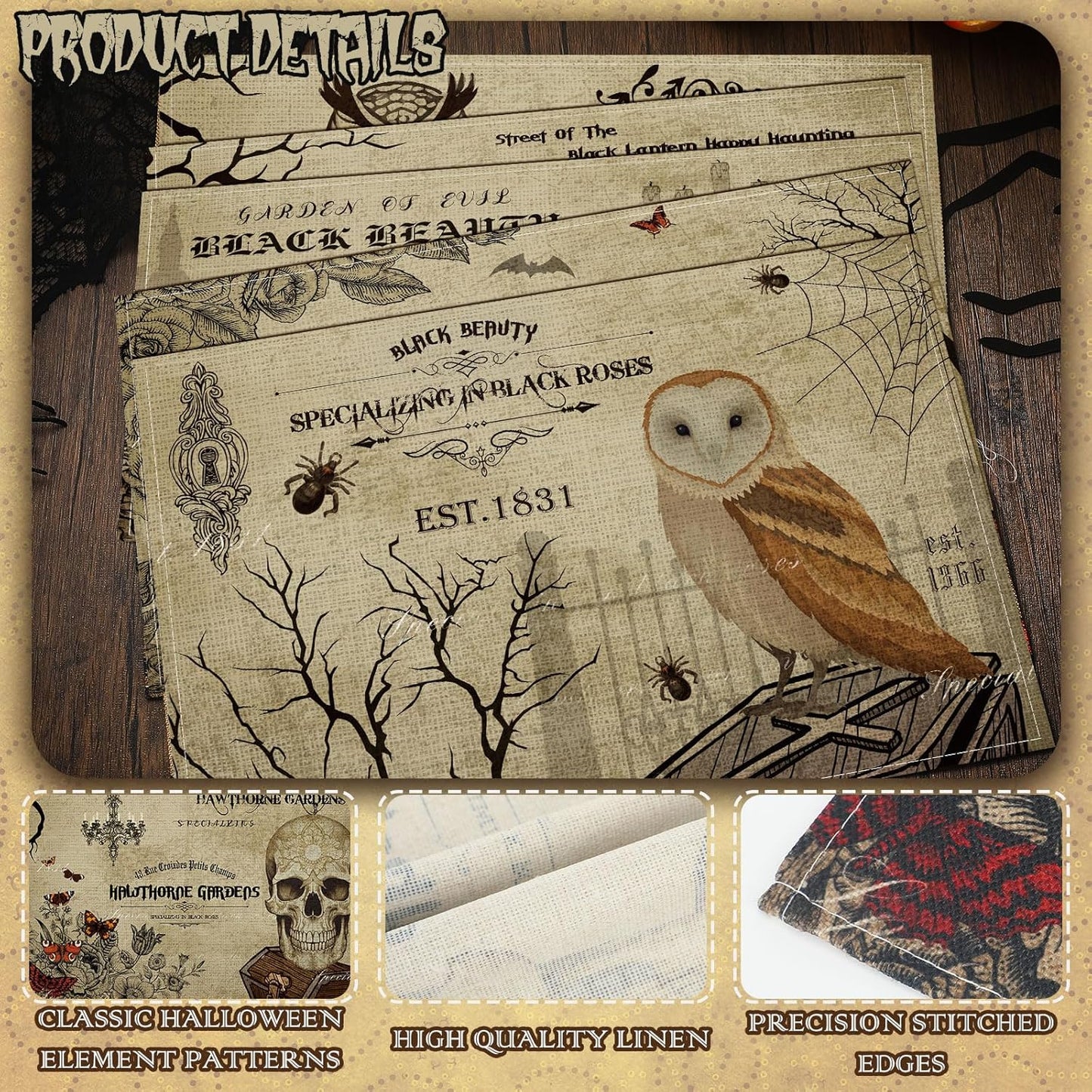 Umigy 6 Pcs Halloween Placemats 12"x18" Gothic Bat Placemats Kitchen Decoration Washable Witch Place Mats Rectangle Skull Table Mats for Halloween Dining Table Accessories(Poster Style)