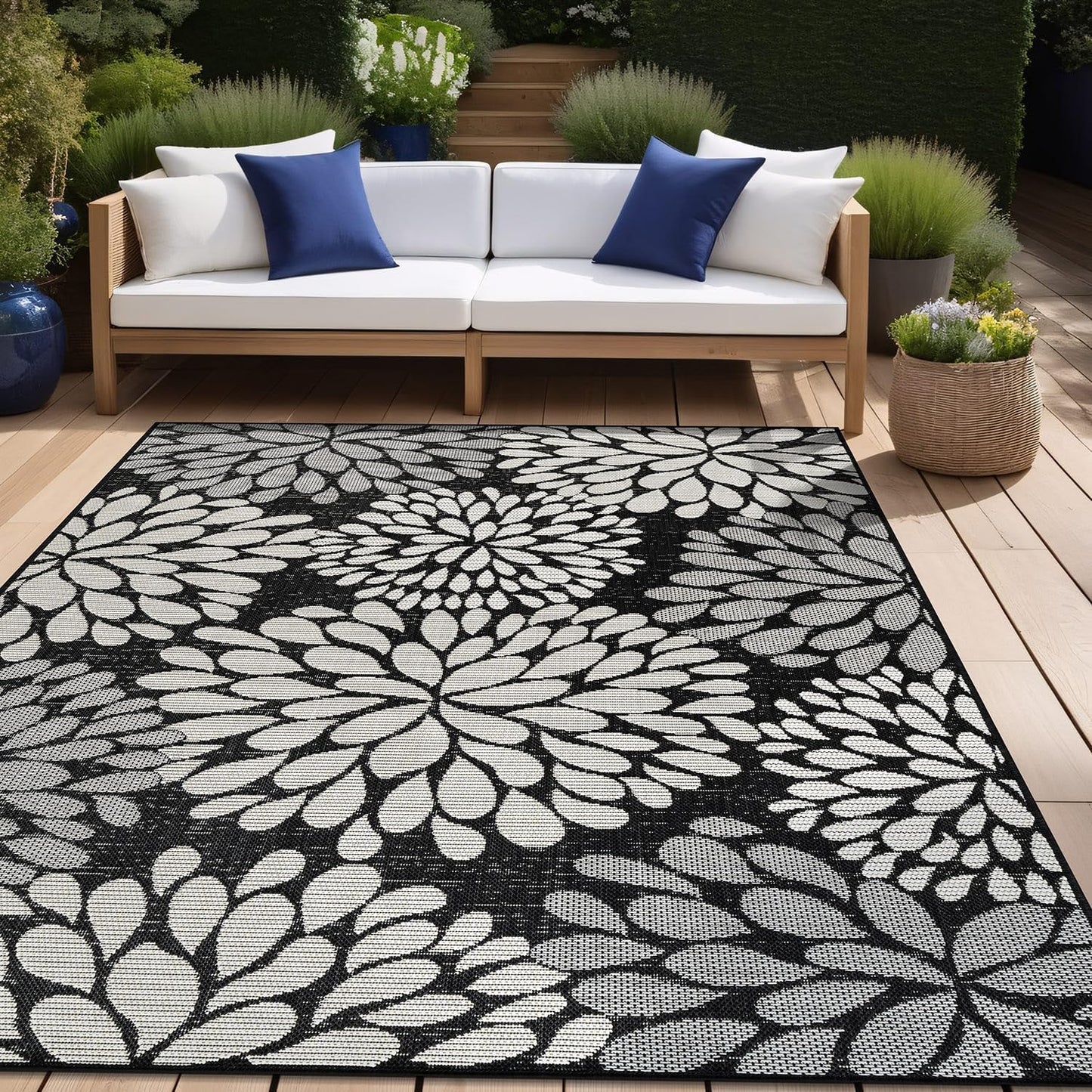 Beverly Rug Outdoor Rug 5x7 Modern Exotic Tropical Leaf Area Rugs for Indoor and Outdoor Patio Deck Porch Garden Water Resistant Washable Outside Carpet (5 x 7 Dark Gray)
