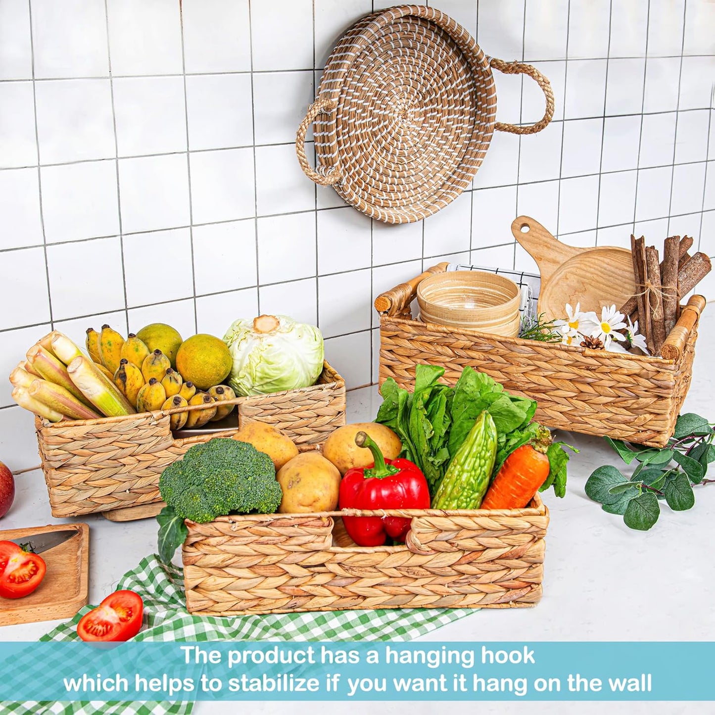 VATIMA Large Water Hyacinth Storage Baskets for Organizing with Wooden Handles for Shelves, 2 Bathroom Small Basket, Water Hyacinth Toilet Paper Baskets, Set of Natural Wicker Storage Basket for Home