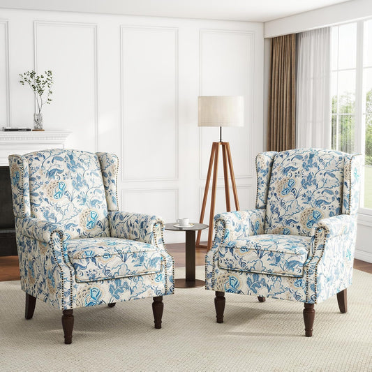 UIXE High Back Floral Accent Chairs Set of 2, Upholstered Armchair in Fabric, Retro Printed Wingback Arm Chair for Living Room, Nailhead Trim Single Sofa Bedroom Reading Seat - Boho Blue