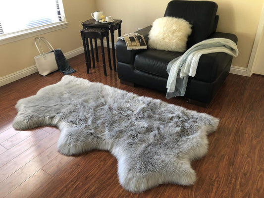 LAMBZY Faux Sheepskin Hypoallergenic Free Shape Silky Shag Rug, Luxury Shaggy Plush Carpet for Bedrooms Rugs Living Room Kids Rooms Sofa Floor (Triple Side by Side 3'x6', Grey)