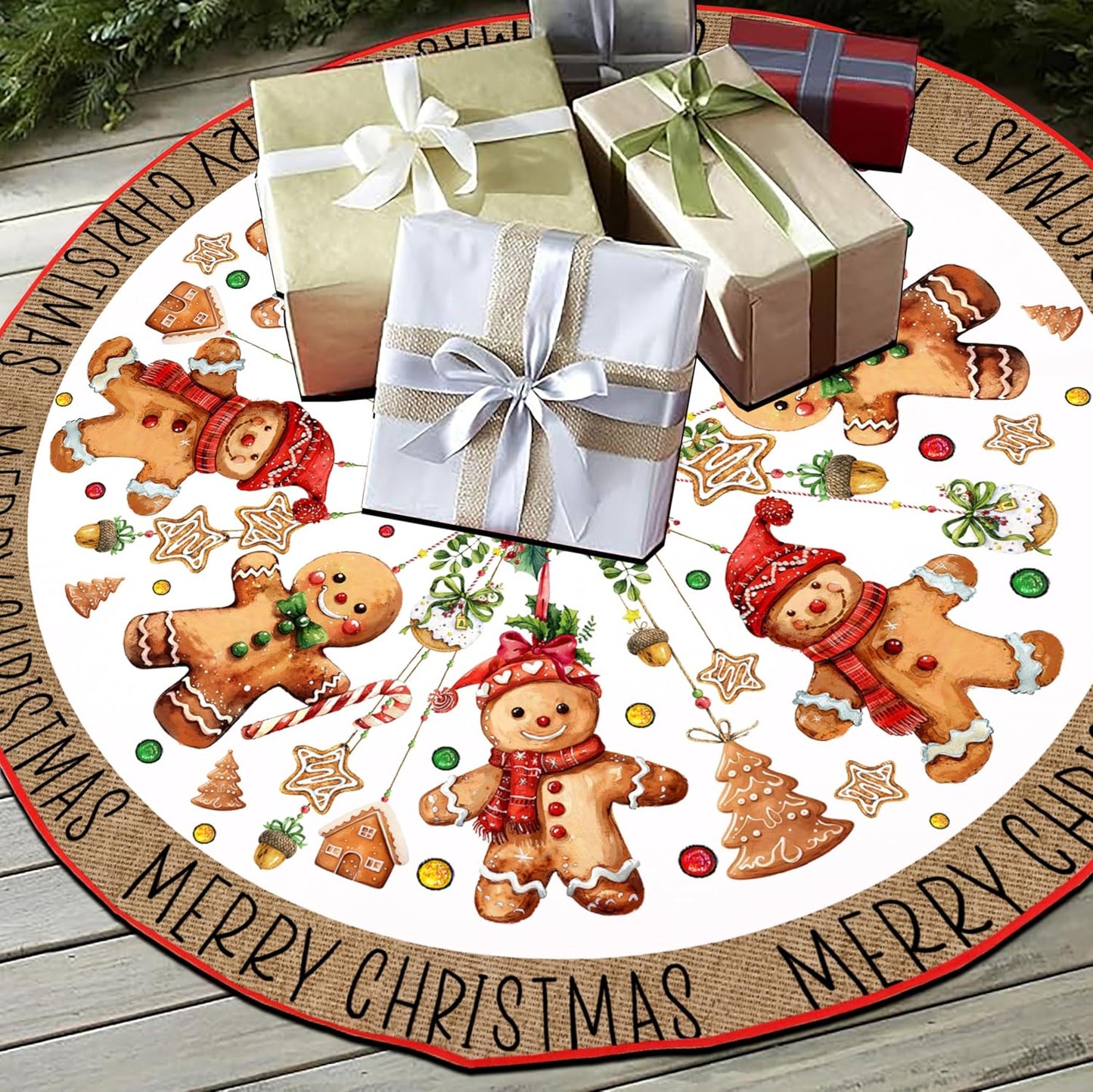 Baccessor Christmas Tree Skirt 48 Inch, Merry Christmas Cute Gingerbread Man Christmas Tree Skirt Collar for Winter Holiday Farmhouse Vintage Rustic Xmas Party Decoration