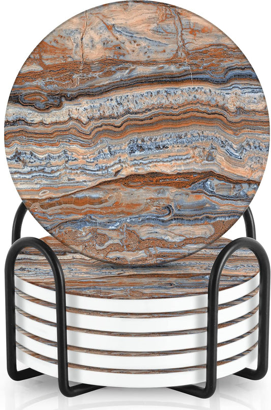 Emerson Coasters for Drinks Absorbent – Natural Stone Drink Coasters Set with Holder, Coasters for Coffee Table, Wooden Tabletop Protection Marble Style – 100% Heavy Duty Set of 6 (Terra)