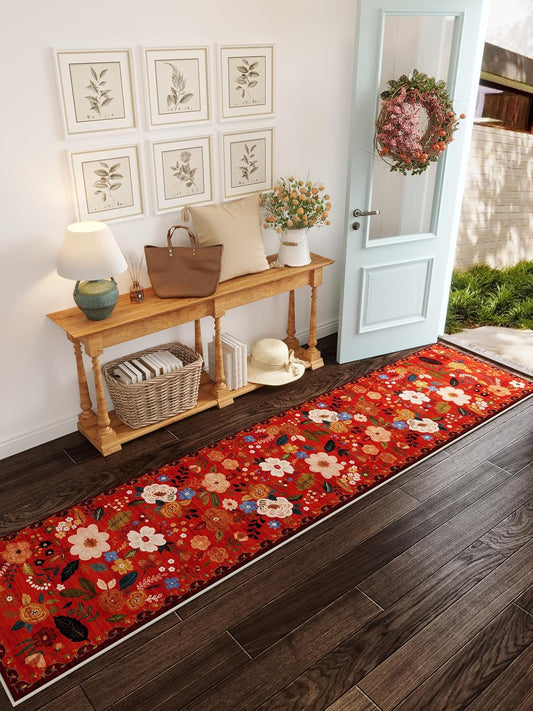 Runners for Hallways Kitchen Runner Rug Non Slip 2'x 10' Long Washable Rugs with Rubber Backing Soft Floral Carpet Runner for Hallways, Kitchen, Laundry, Bedroom, Bathroom(Red)