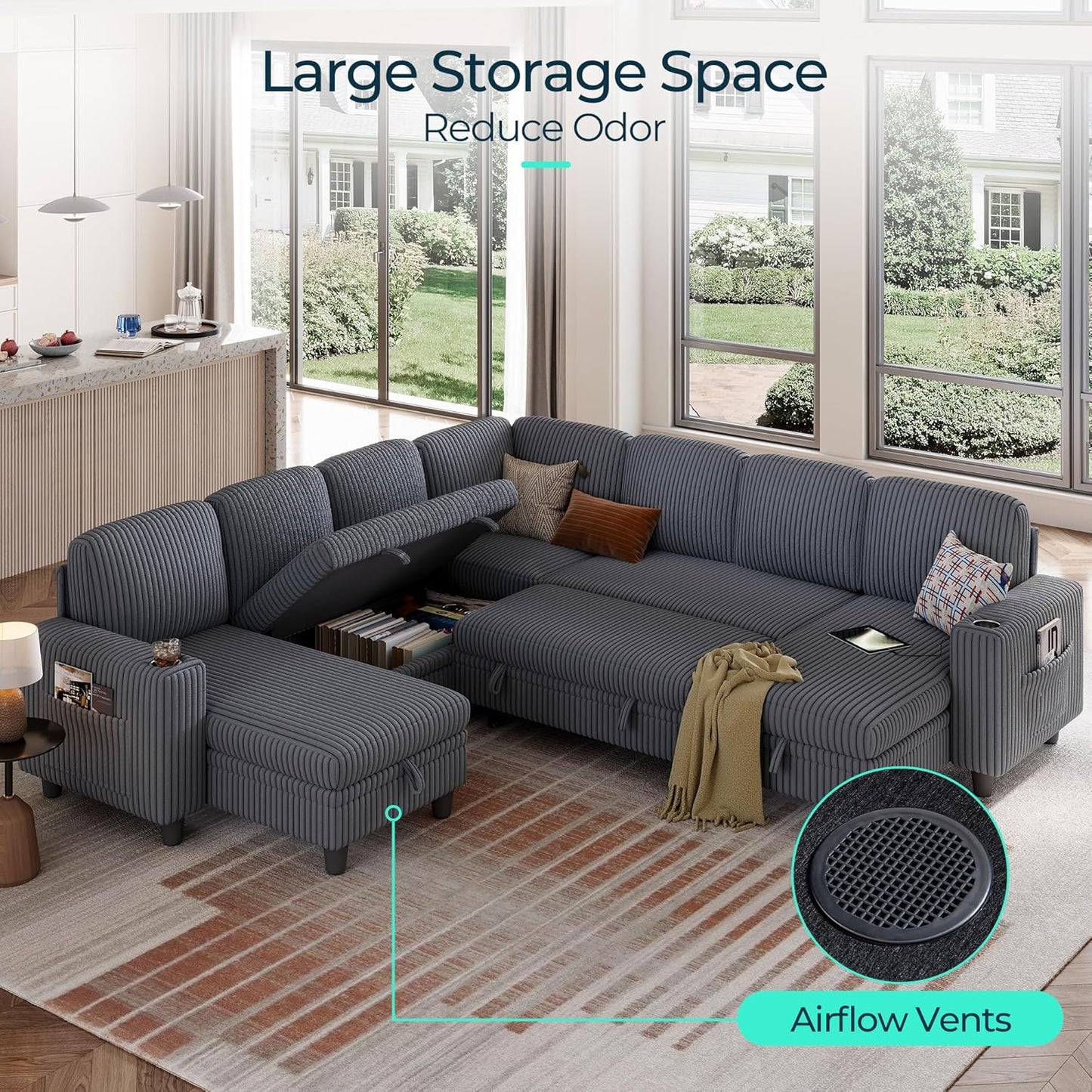 LINSY HOME Sectional Sleeper Sofa with Pull Out Couch Bed - Convertible Plush Corduroy Cloud Couch with Storage Chaise & USB Charging, Comfy Modular Couches for Living Room, Grey