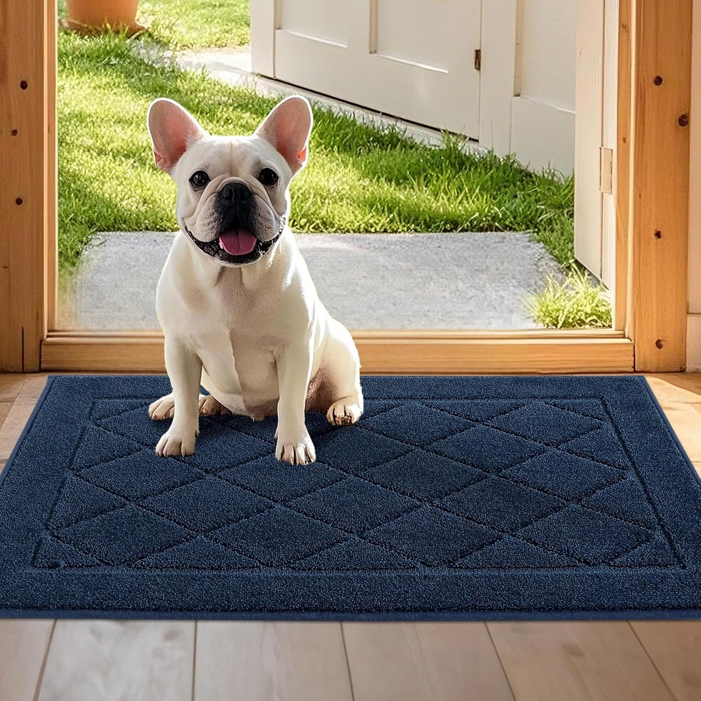 JSEI Dirt Trapper Door Mat 20"x32", Non-Slip Washable Entryway Mats, Dog Door Mat, Stain Resistant and Absorbent Floor Mats, Low Profile Welcome Mat for Front Back Door, Navy Blue