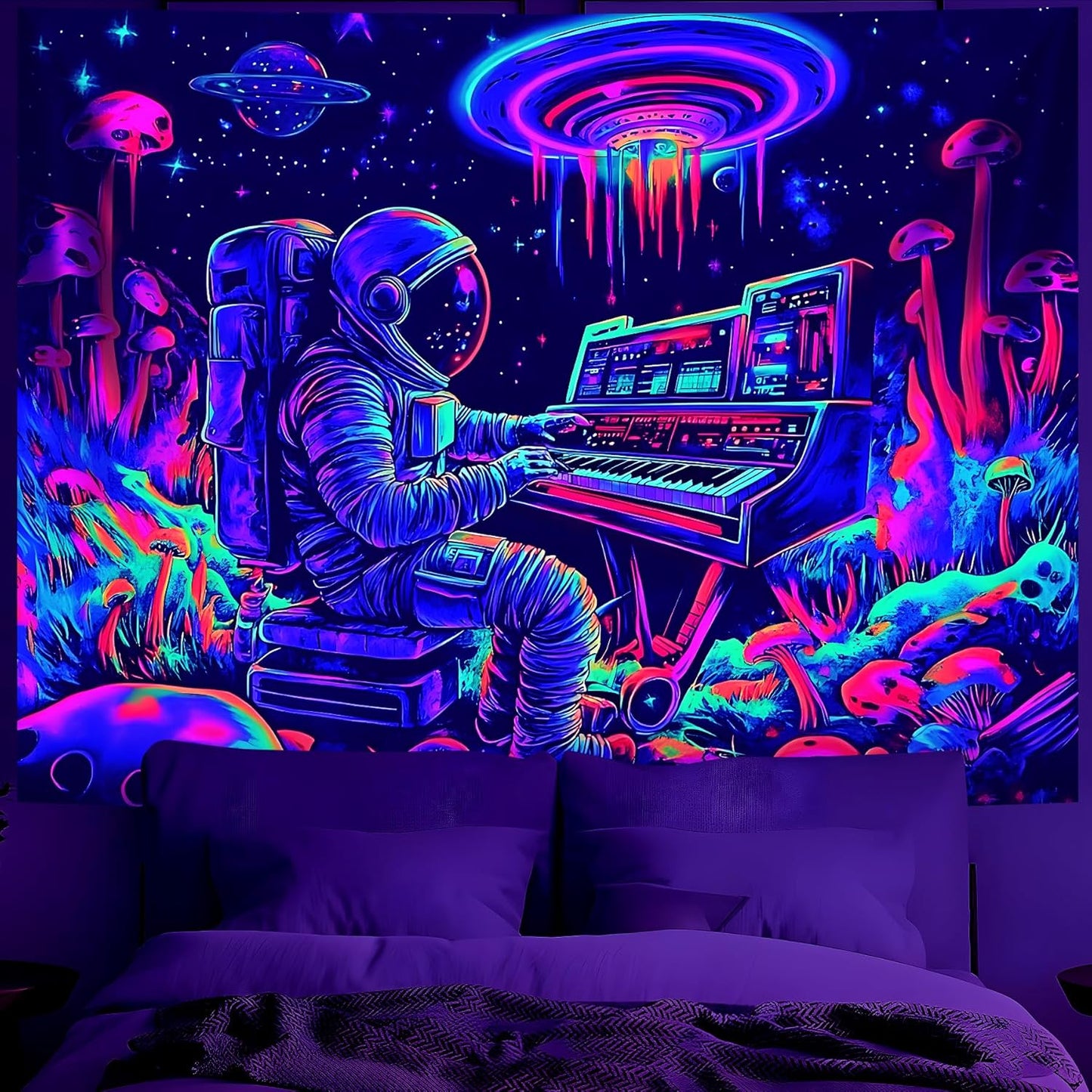 BVBOX Astronaut Space Blacklight Tapestry 79"x59", UV Reactive Astronaut Electronic Piano Universe Galaxy Planet Glow in Dark Music Tapestries, Black Light Neon Upright Poster Wall Hanging Backdrop Decor for Bedroom Living Room