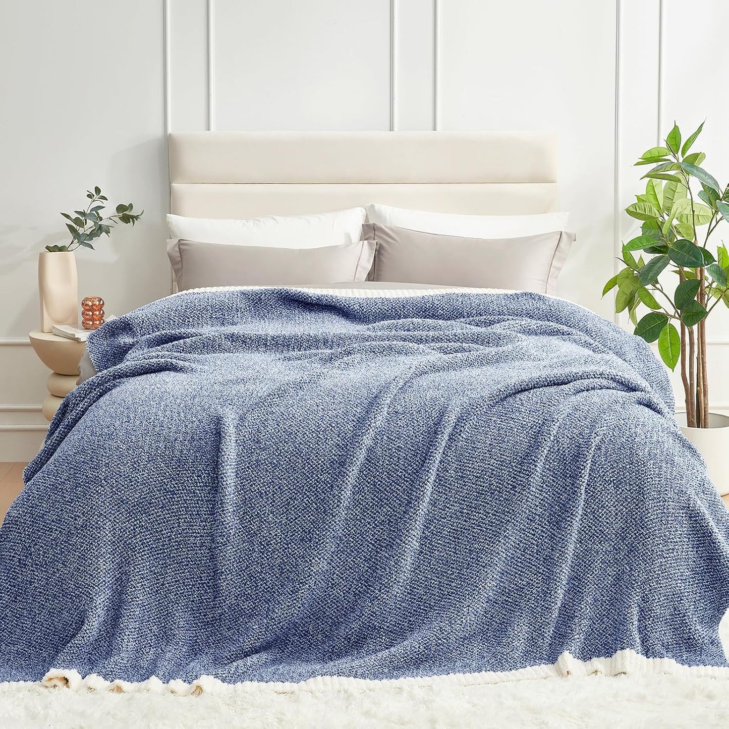 Snuggle Sac Queen Size Bedding Blankets, Super Soft Warm Oversized Blankets for Bed, Cozy Knit Fuzzy Plush Bed Blankets,Heather Royal Blue,90x90 inches