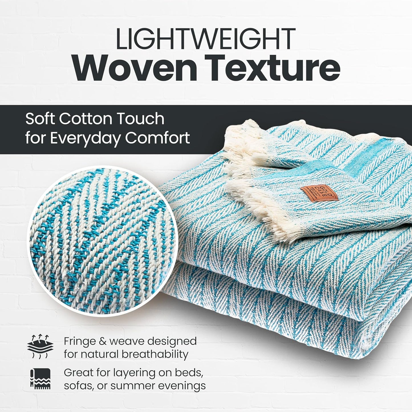 Gold Case Throw Blanket for Couch – 100% Recycled Turkish Cotton Blankets – Elegant Decorative Throw Blankets for Living Room Sofa – Woven Throws for Couch – Vintage Turquoise– 50x60 (Set of 2)