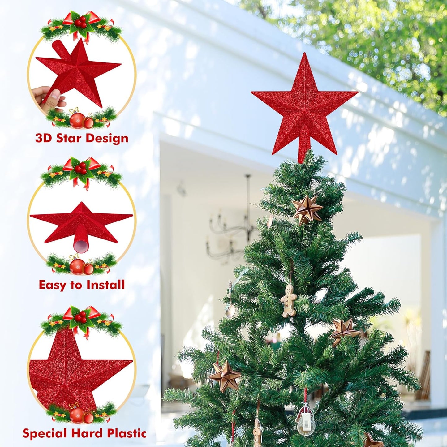 Star Tree Topper, 8" Red Christmas Tee Topper Decorations, Glitter 3D Xmas Bethlehem Star Waterproof Shatter-Proof, Christmas Tree Topper Ornament Decor for Christmas Holiday Party Indoor Outdoor Use