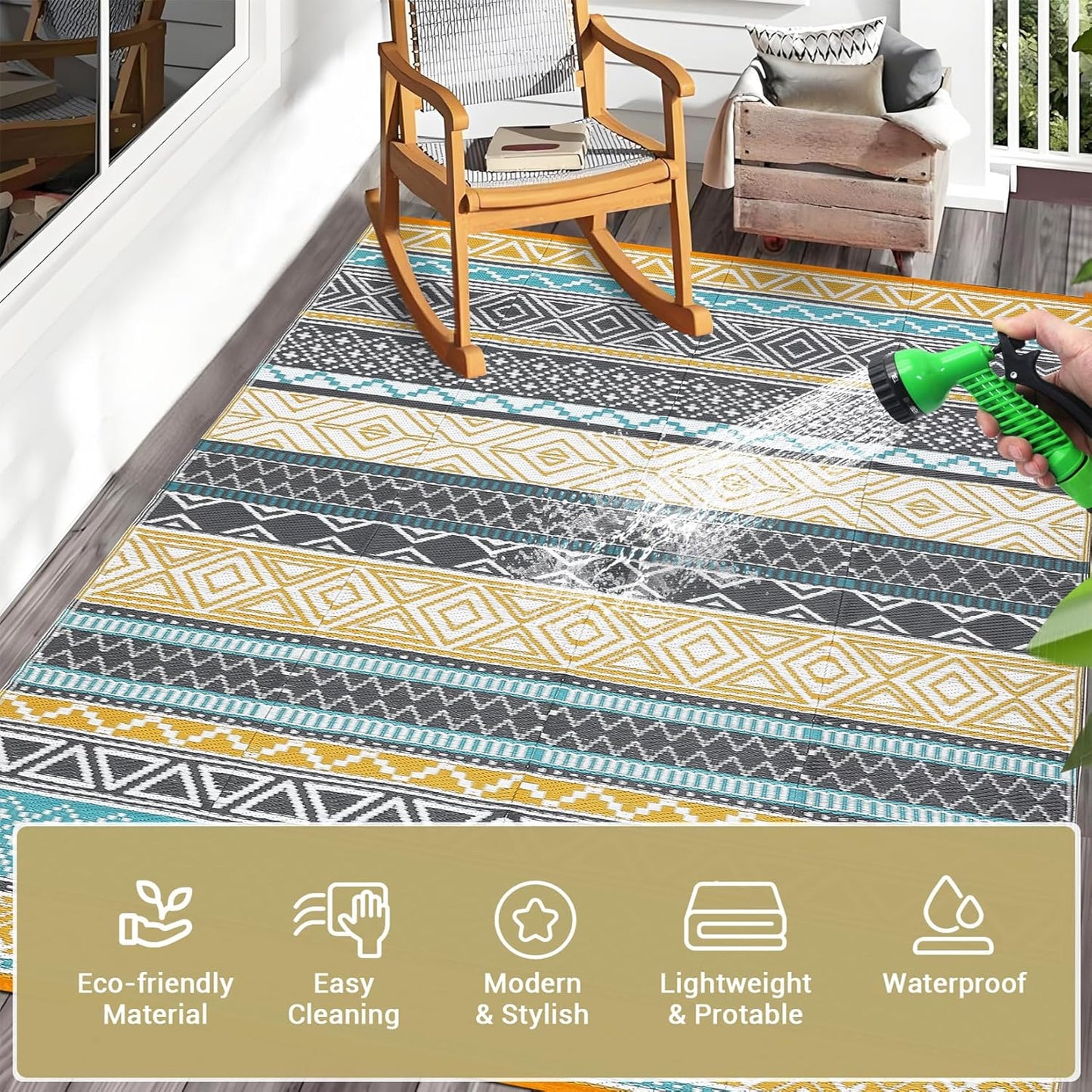 GAOMON Outdoor Plastic Straw Rug, 10'x20' Reversible Sage Green Patio Mat, Flower Modern Design for RV, Backyard, Deck, Camping, Picnic, Teal/Yellow(Bohemia)