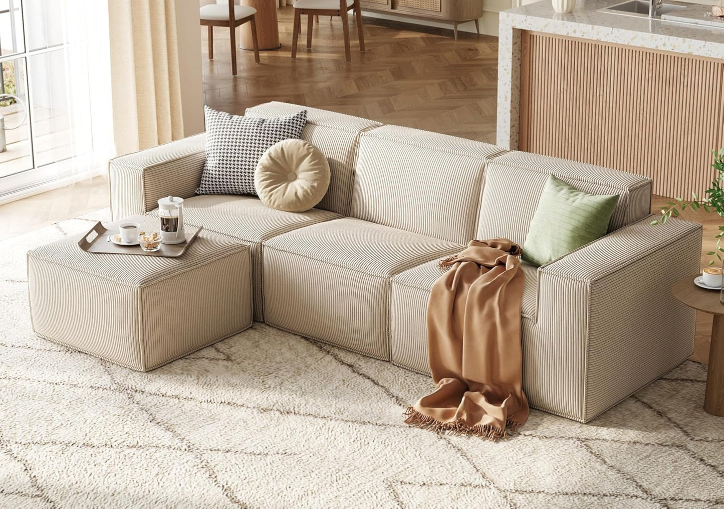 LINSY HOME Modular Sectional Sofa, 105" Boneless Couch L Shaped 3-Seat Sofa with Movable Ottoman, Corduroy Sectional Cloud Couches for Living Room, No Assembly Required, Beige