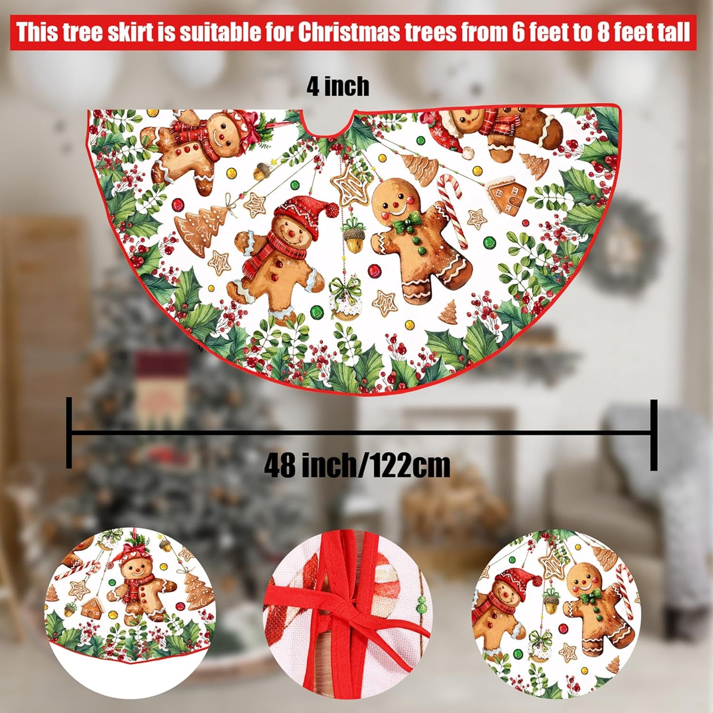 Baccessor Cute Gingerbread Man Christmas Tree Skirt 48 Inch, Merry Christmas Christmas Tree Skirt Collar for Xmas Winter Holiday Farmhouse Vintage Rustic Party Decoration