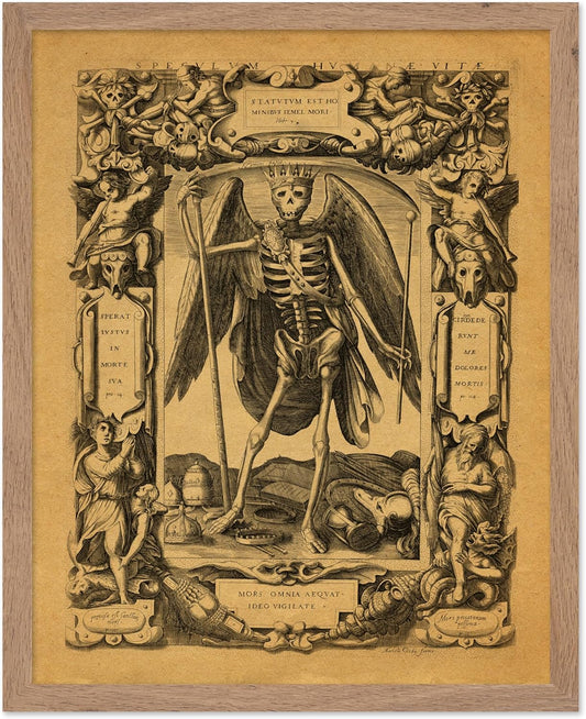 Poster Master Vintage Medieval Poster - Retro Gothic Print - Gift for Artist, Friend - Angel of Death, Memento Mori, Life, Skeleton, Dark - Wall Decor for Home, Living Room, 11x14 Beige Framed
