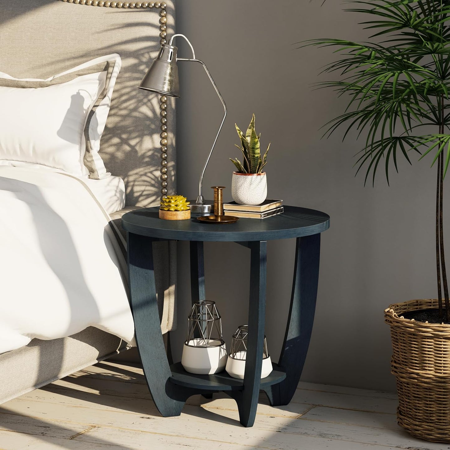 Rustic Farmhouse End Table with Storage Shelf, French Country Accent Side for Family, Dinning or Living Room, Small Spaces, Modern, Round, Vintage Blue Finish, Curved Leg