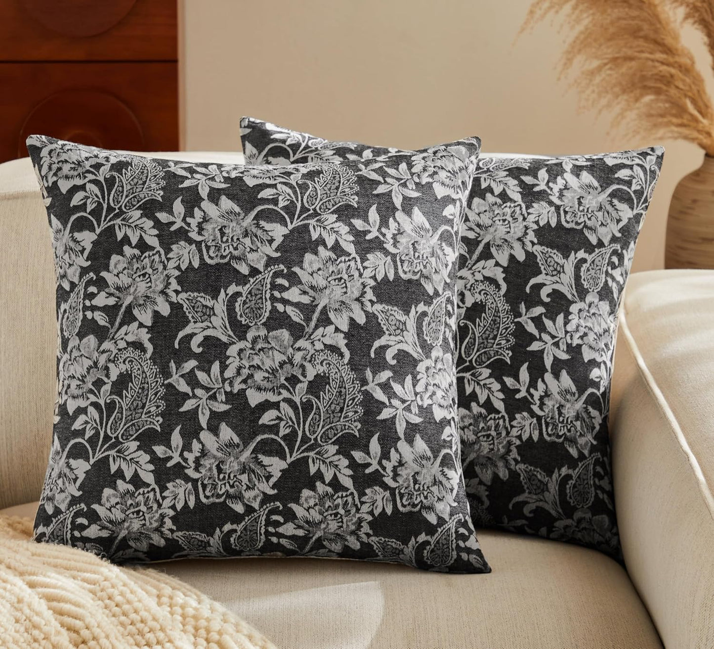 Floral Jacquard Throw Pillow Covers Set of 2, Background/Charcoal 22x22 Inch, Farmhouse Decorative Cotton Dark Grey Cushion Covers for Sofa Bed Living Room Home Decor