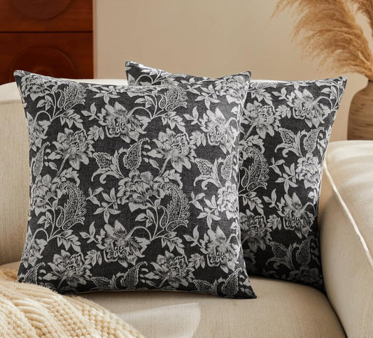 Floral Jacquard Throw Pillow Covers Set of 2, Background/Charcoal 16x16 Inch, Farmhouse Decorative Cotton Dark Grey Cushion Covers for Sofa Bed Living Room Home Decor