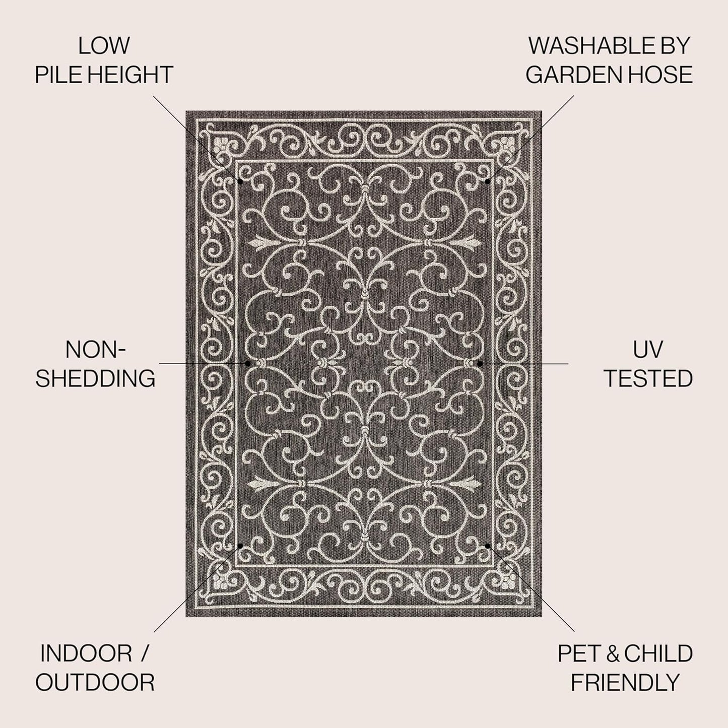 JONATHAN Y Vintage Filigree Indoor Outdoor Area Rug 3X5 Black/Gray, Charleston Textured Weave for Backyard, Patio, Porch, Easy-Cleaning, High Traffic, Pet-Friendly, Non-Shedding (SMB106G-3)